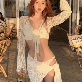 Long-sleeved Knitted Swimsuit Sexy Pure Desire Style Small Chest Push Up Holiday (Option: Beige-L)