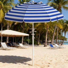 5.7' Beach Umbrella For Travel With Tilt, Adjustable Height, 2 Cup Holders, Hooks, Vent, Ruffles, Blue Stripe, Sapphire Blue (Option: Blue White Stripe)