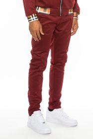 Checkered Plaid Waist Band Track Pants (Color: Burgundy, size: XL)